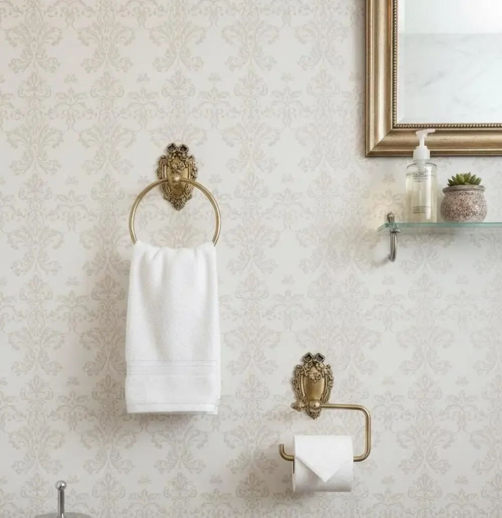 Antique Brass Bathroom Hardware | Solid Brass Towel Ring & Toilet Paper Holder
